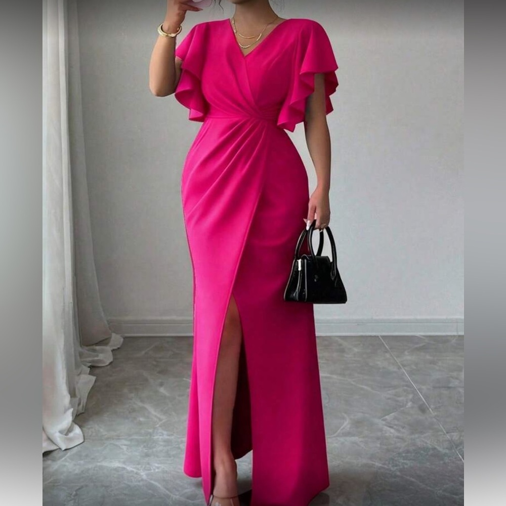 Elegant Fuchsia Maxi Dress with Flutter Sleeves